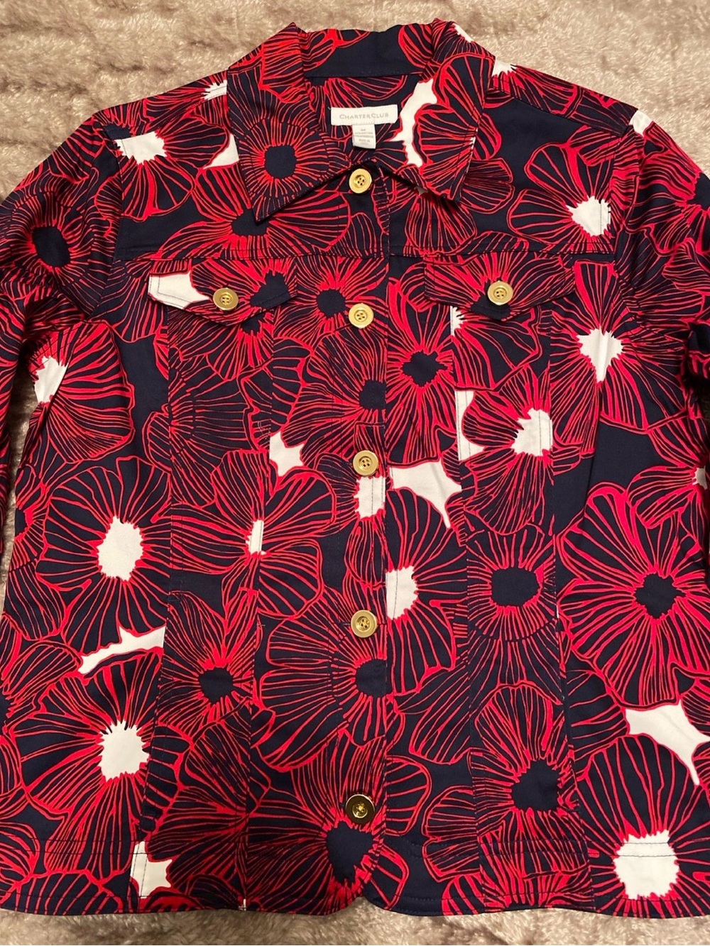 Charter Club Navy Shirt with Red & White Floral Print